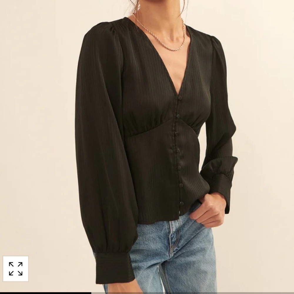 PROMESA Black Satin Striped V-Neck Blouse Button Front Size Medium